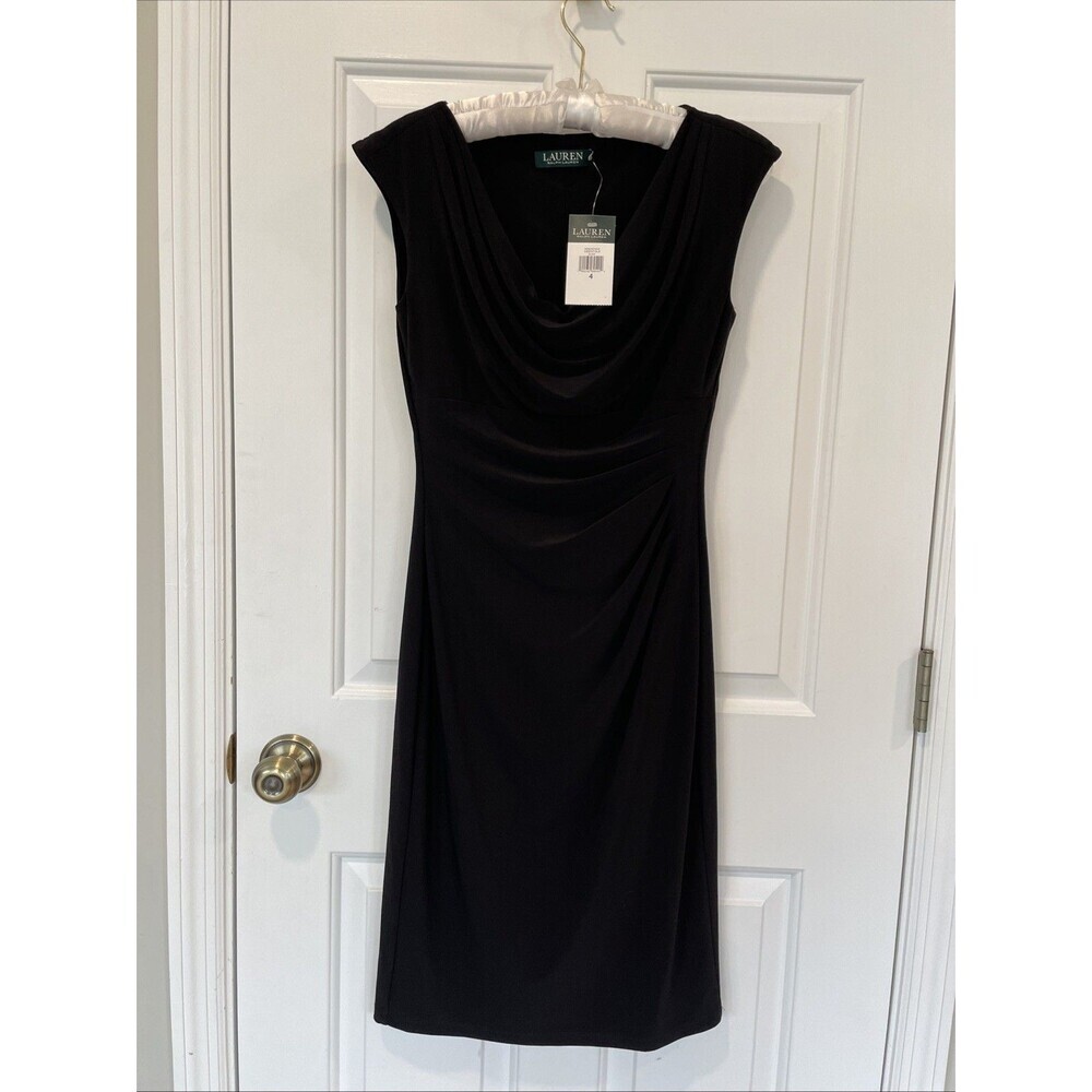 NEW LAUREN by RALPH LAUREN Black Sheath dress MIDI Size 4 Sleeveless Scoop Neck